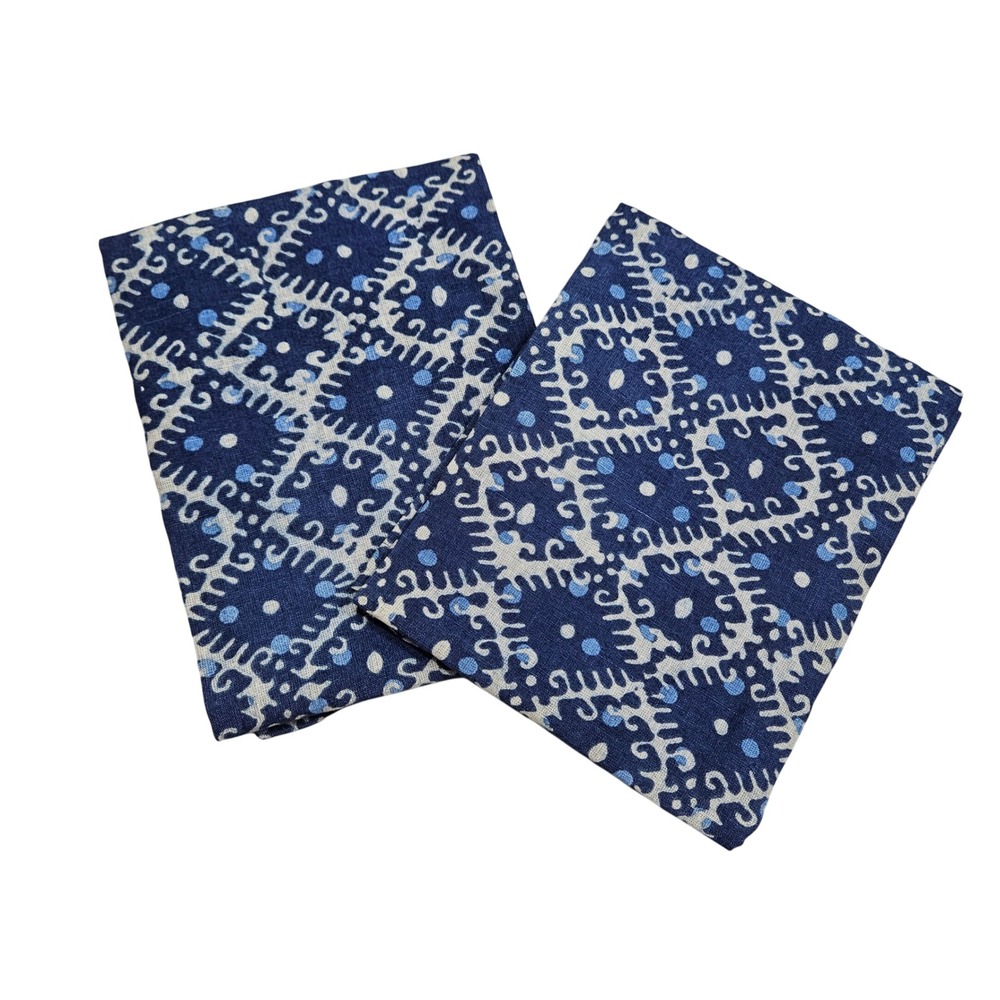 Emily Joubert Linen Napkins Set of 2 Blue White Block Print Boho Coastal Decor